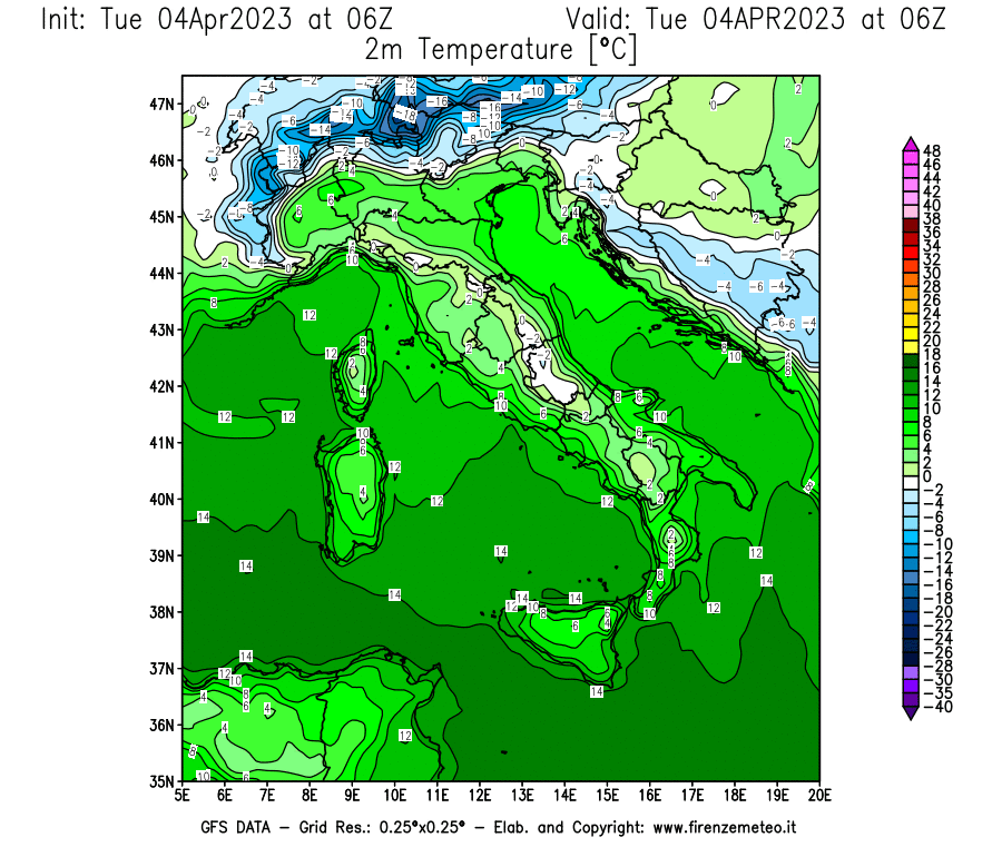 Mappa di analisi GFS - Temperatura a 2 metri dal suolo [°C] in Italia
							del 04/04/2023 06 <!--googleoff: index-->UTC<!--googleon: index-->