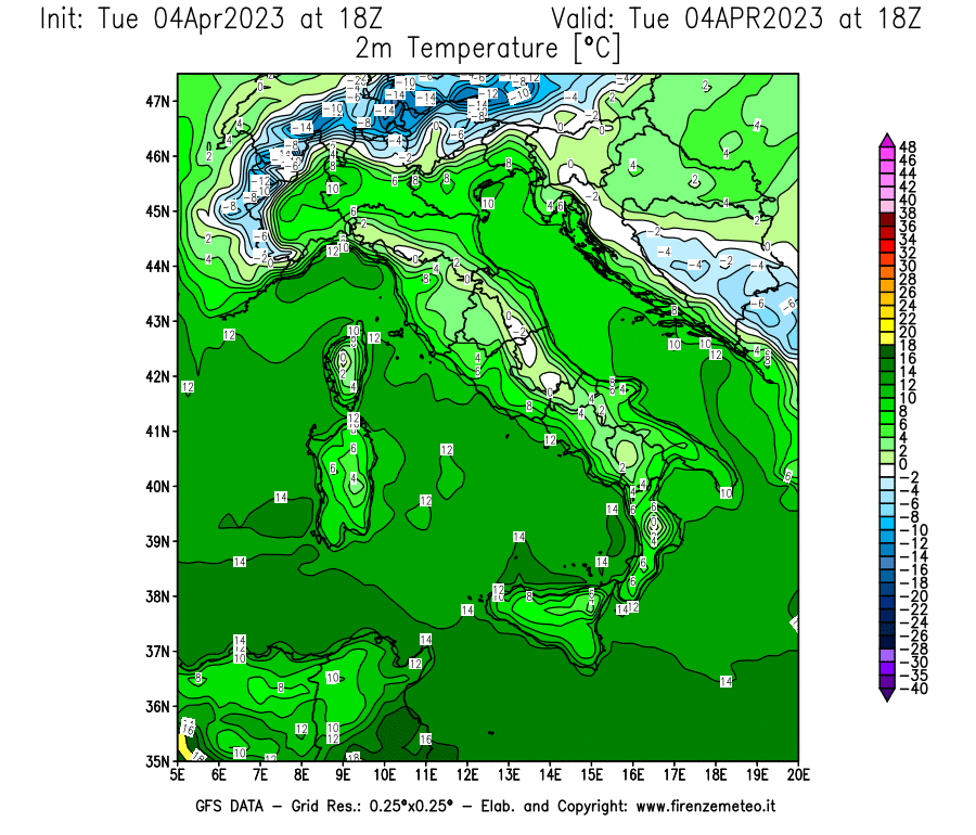 Mappa di analisi GFS - Temperatura a 2 metri dal suolo [°C] in Italia
							del 04/04/2023 18 <!--googleoff: index-->UTC<!--googleon: index-->