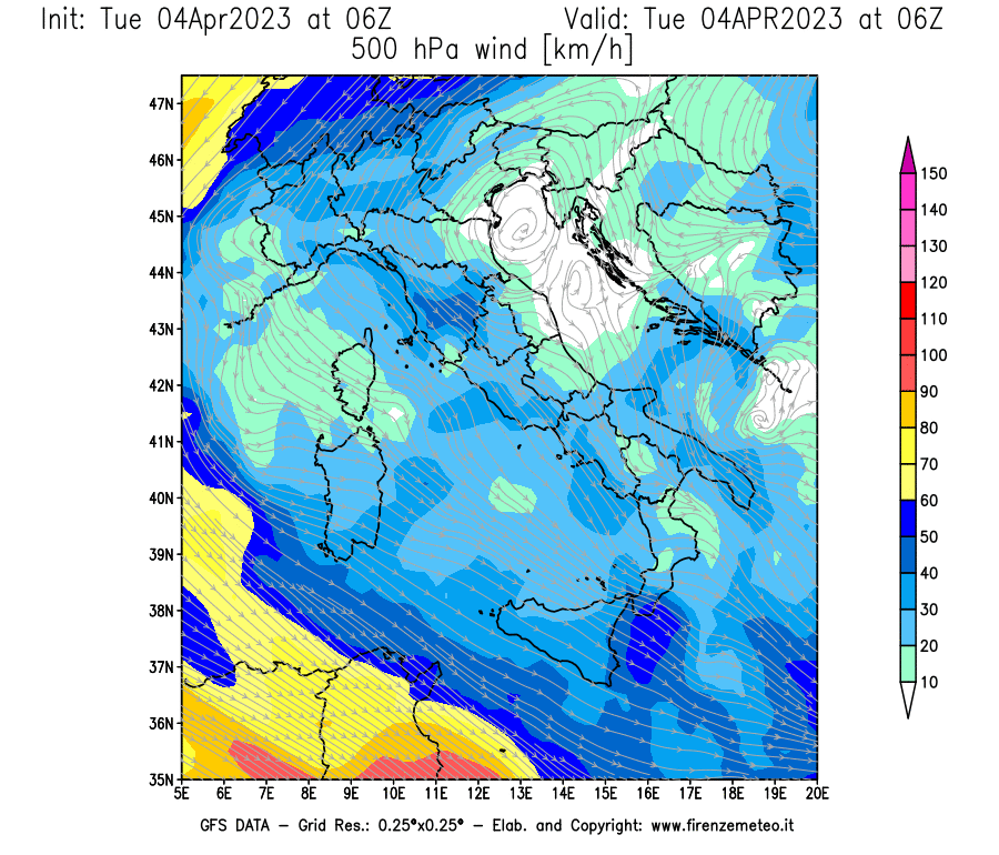 Mappa di analisi GFS - Velocità del vento a 500 hPa [km/h] in Italia
							del 04/04/2023 06 <!--googleoff: index-->UTC<!--googleon: index-->