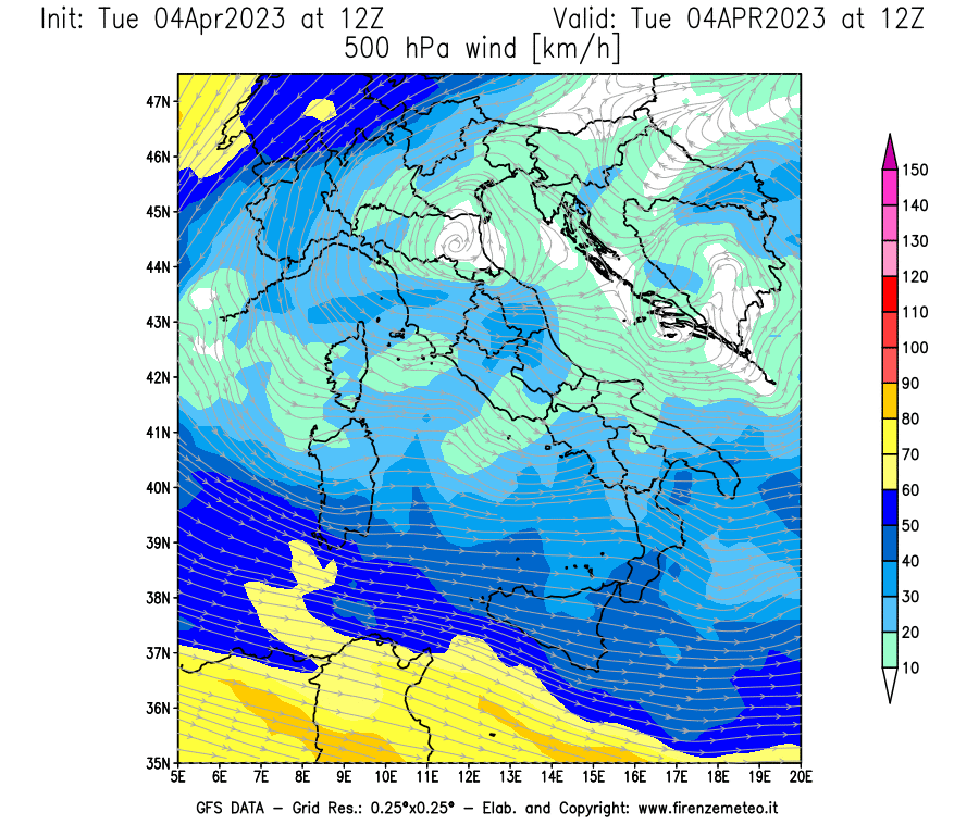 Mappa di analisi GFS - Velocità del vento a 500 hPa [km/h] in Italia
							del 04/04/2023 12 <!--googleoff: index-->UTC<!--googleon: index-->