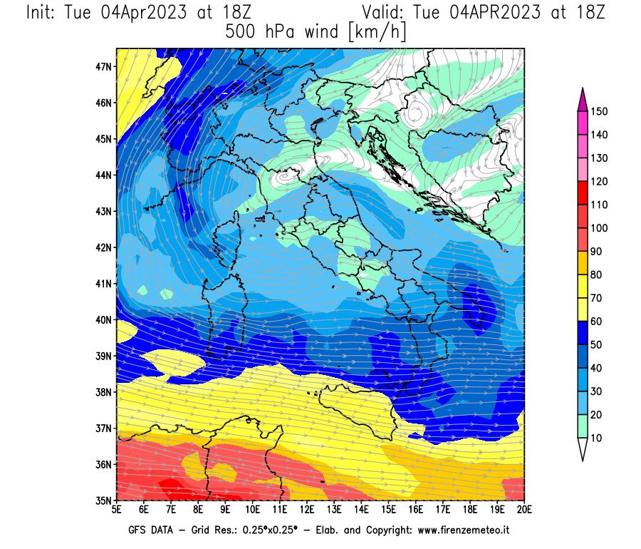 Mappa di analisi GFS - Velocità del vento a 500 hPa [km/h] in Italia
							del 04/04/2023 18 <!--googleoff: index-->UTC<!--googleon: index-->