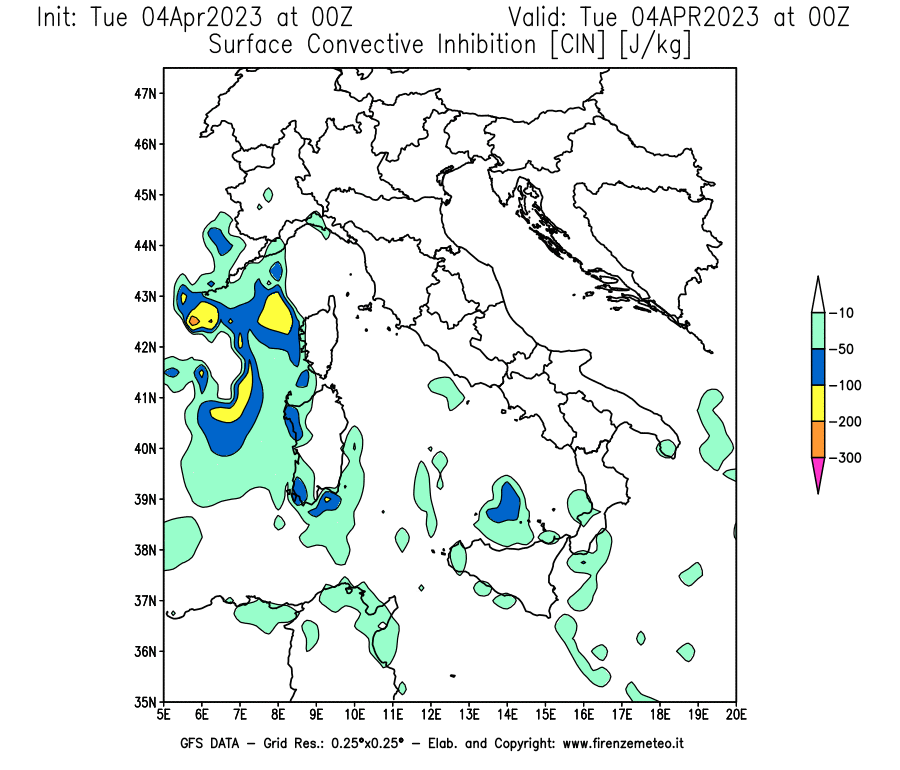 Mappa di analisi GFS - CIN [J/kg] in Italia
							del 04/04/2023 00 <!--googleoff: index-->UTC<!--googleon: index-->