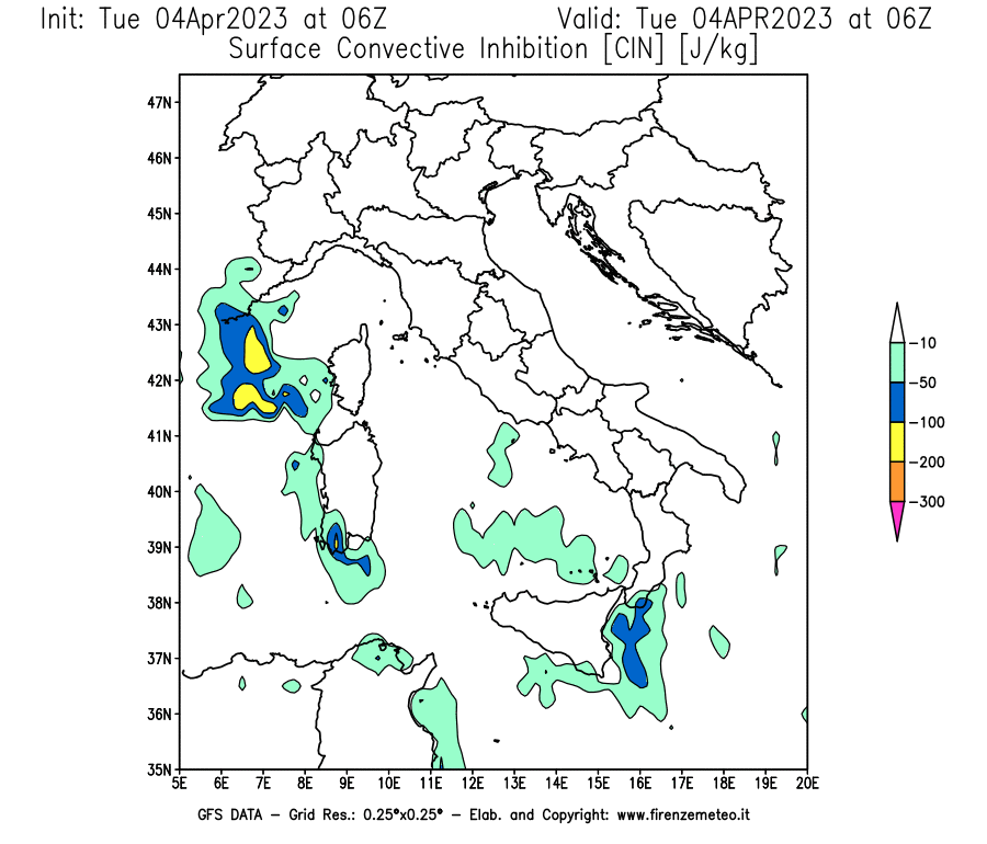 GFS analysi map - CIN [J/kg] in Italy
									on 04/04/2023 06 <!--googleoff: index-->UTC<!--googleon: index-->