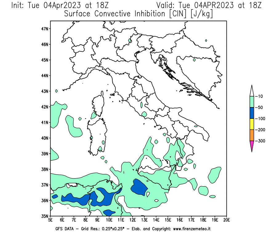 Mappa di analisi GFS - CIN [J/kg] in Italia
							del 04/04/2023 18 <!--googleoff: index-->UTC<!--googleon: index-->