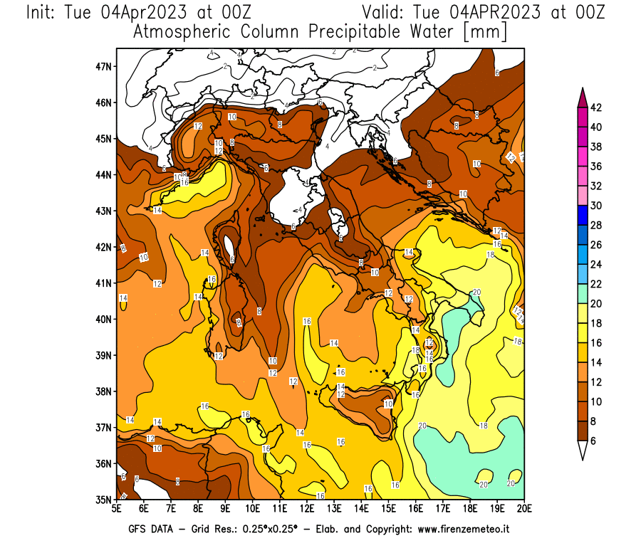 GFS analysi map - Precipitable Water [mm] in Italy
									on 04/04/2023 00 <!--googleoff: index-->UTC<!--googleon: index-->