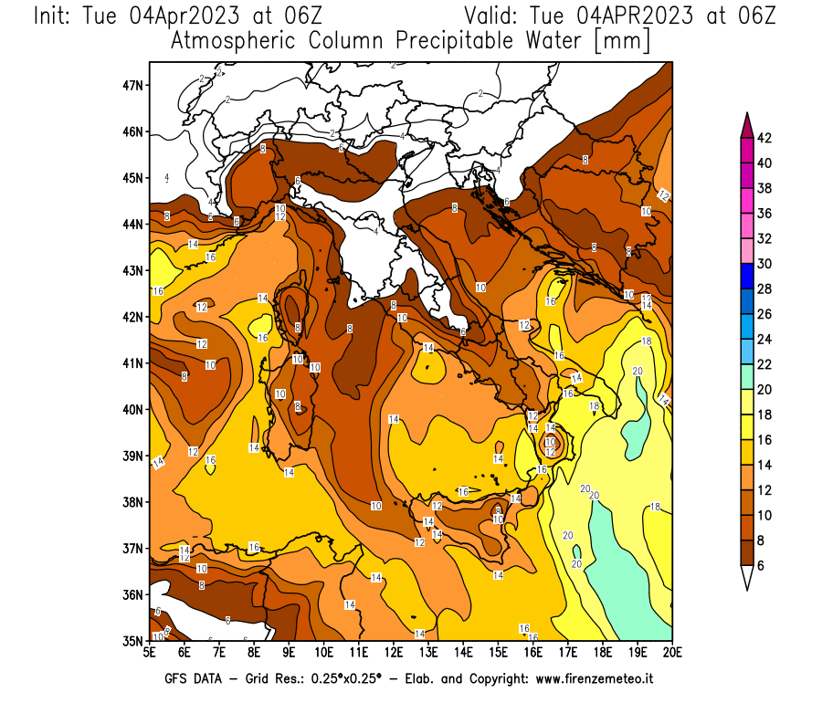 GFS analysi map - Precipitable Water [mm] in Italy
									on 04/04/2023 06 <!--googleoff: index-->UTC<!--googleon: index-->
