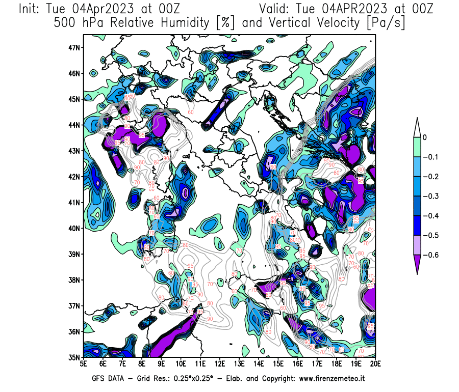 Mappa di analisi GFS - Umidità relativa [%] e Omega [Pa/s] a 500 hPa in Italia
							del 04/04/2023 00 <!--googleoff: index-->UTC<!--googleon: index-->