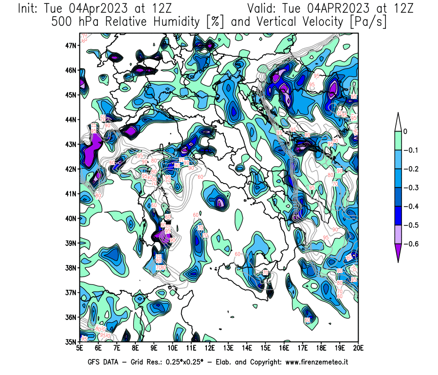 Mappa di analisi GFS - Umidità relativa [%] e Omega [Pa/s] a 500 hPa in Italia
							del 04/04/2023 12 <!--googleoff: index-->UTC<!--googleon: index-->