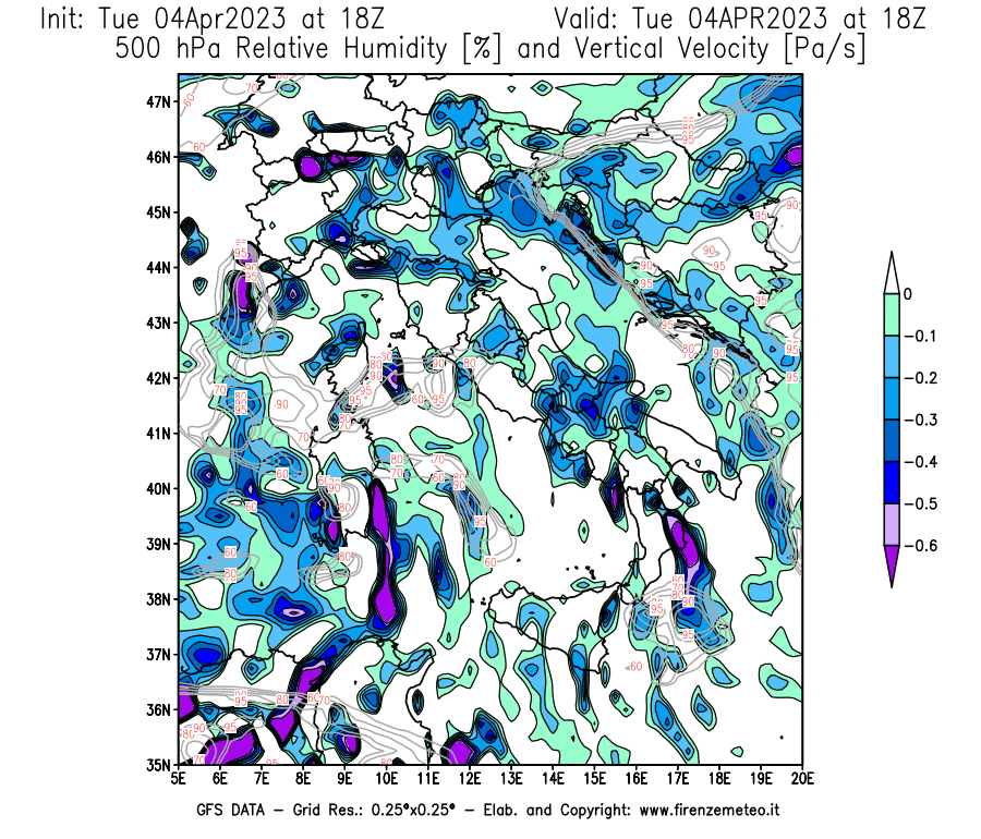 Mappa di analisi GFS - Umidità relativa [%] e Omega [Pa/s] a 500 hPa in Italia
							del 04/04/2023 18 <!--googleoff: index-->UTC<!--googleon: index-->