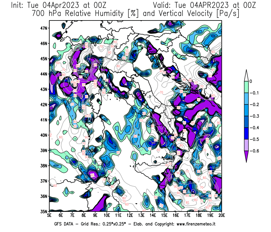 GFS analysi map - Relative Umidity [%] and Omega [Pa/s] at 700 hPa in Italy
									on 04/04/2023 00 <!--googleoff: index-->UTC<!--googleon: index-->