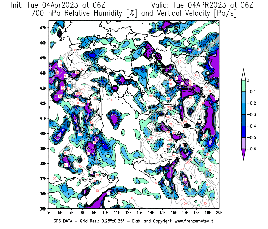Mappa di analisi GFS - Umidità relativa [%] e Omega [Pa/s] a 700 hPa in Italia
							del 04/04/2023 06 <!--googleoff: index-->UTC<!--googleon: index-->