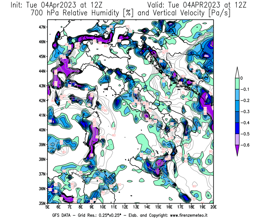 Mappa di analisi GFS - Umidità relativa [%] e Omega [Pa/s] a 700 hPa in Italia
							del 04/04/2023 12 <!--googleoff: index-->UTC<!--googleon: index-->