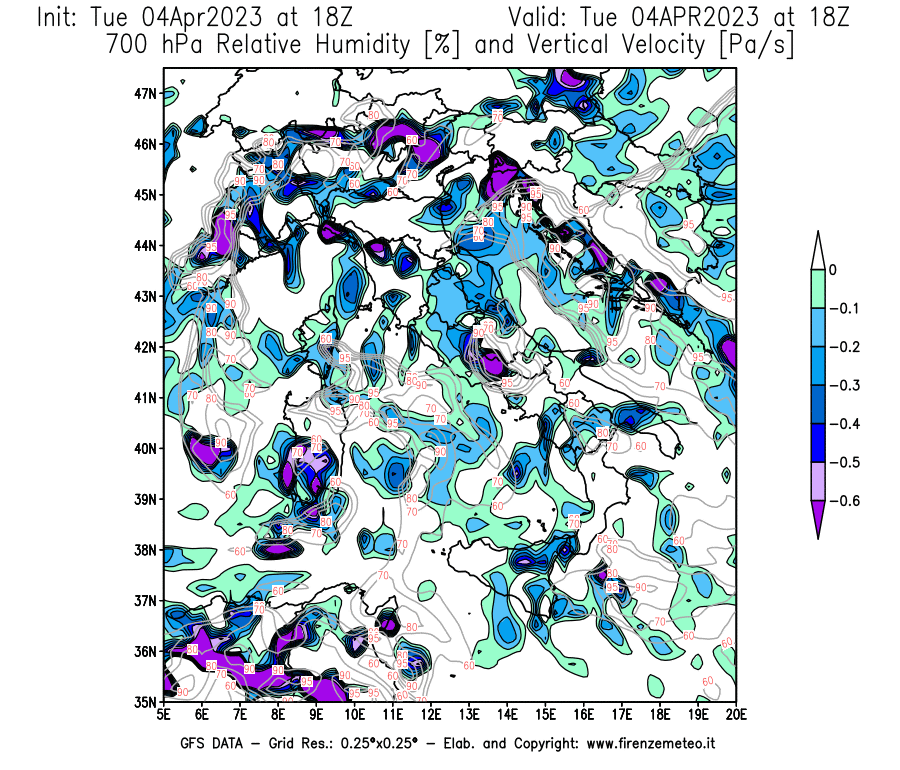 Mappa di analisi GFS - Umidità relativa [%] e Omega [Pa/s] a 700 hPa in Italia
							del 04/04/2023 18 <!--googleoff: index-->UTC<!--googleon: index-->