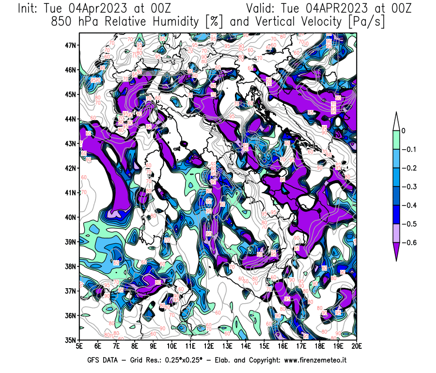 Mappa di analisi GFS - Umidità relativa [%] e Omega [Pa/s] a 850 hPa in Italia
							del 04/04/2023 00 <!--googleoff: index-->UTC<!--googleon: index-->