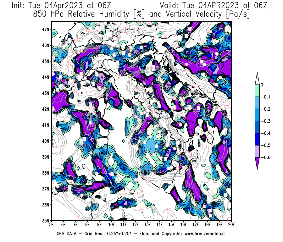 Mappa di analisi GFS - Umidità relativa [%] e Omega [Pa/s] a 850 hPa in Italia
							del 04/04/2023 06 <!--googleoff: index-->UTC<!--googleon: index-->