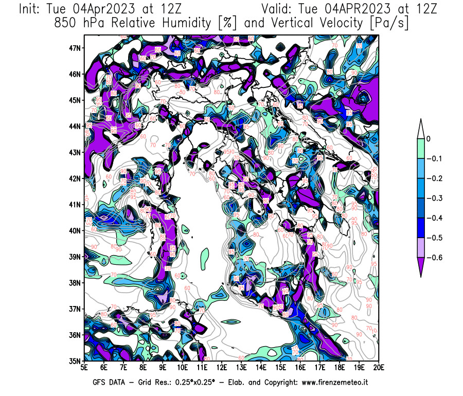 Mappa di analisi GFS - Umidità relativa [%] e Omega [Pa/s] a 850 hPa in Italia
							del 04/04/2023 12 <!--googleoff: index-->UTC<!--googleon: index-->