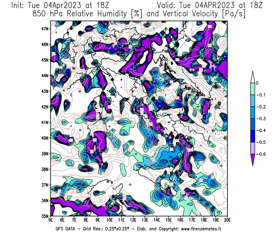 GFS analysi map - Relative Umidity [%] and Omega [Pa/s] at 850 hPa in Italy
									on 04/04/2023 18 <!--googleoff: index-->UTC<!--googleon: index-->