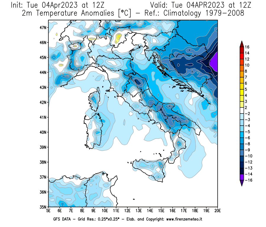 Mappa di analisi GFS - Anomalia Temperatura [°C] a 2 m in Italia
							del 04/04/2023 12 <!--googleoff: index-->UTC<!--googleon: index-->
