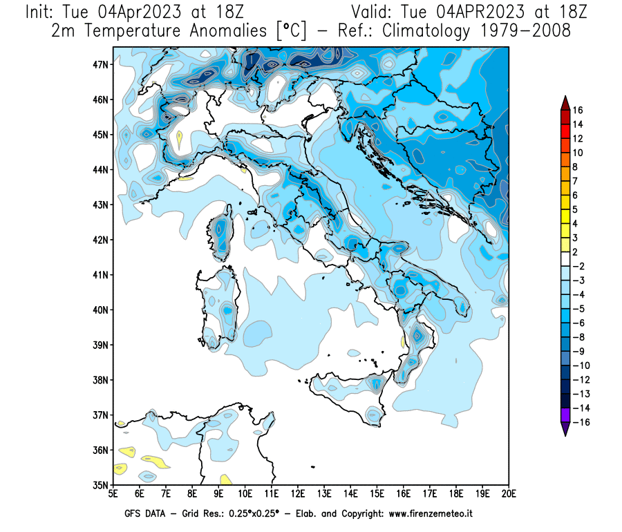 GFS analysi map - Temperature Anomalies [°C] at 2 m in Italy
									on 04/04/2023 18 <!--googleoff: index-->UTC<!--googleon: index-->