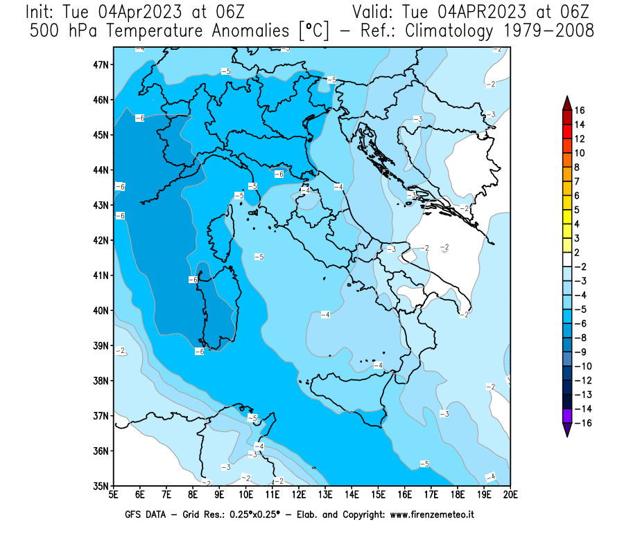 Mappa di analisi GFS - Anomalia Temperatura [°C] a 500 hPa in Italia
							del 04/04/2023 06 <!--googleoff: index-->UTC<!--googleon: index-->