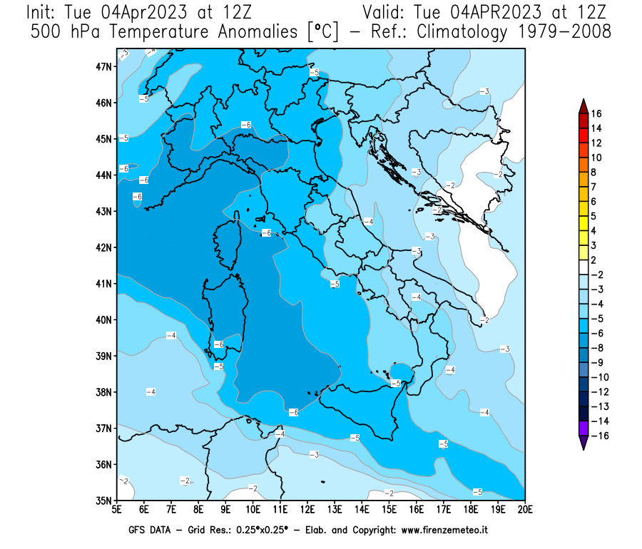 Mappa di analisi GFS - Anomalia Temperatura [°C] a 500 hPa in Italia
							del 04/04/2023 12 <!--googleoff: index-->UTC<!--googleon: index-->