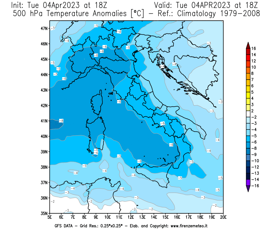 Mappa di analisi GFS - Anomalia Temperatura [°C] a 500 hPa in Italia
							del 04/04/2023 18 <!--googleoff: index-->UTC<!--googleon: index-->
