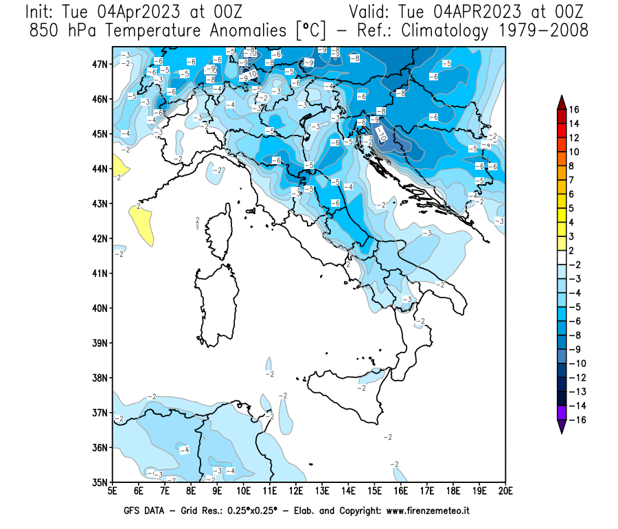 Mappa di analisi GFS - Anomalia Temperatura [°C] a 850 hPa in Italia
							del 04/04/2023 00 <!--googleoff: index-->UTC<!--googleon: index-->