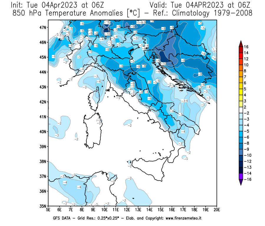 Mappa di analisi GFS - Anomalia Temperatura [°C] a 850 hPa in Italia
							del 04/04/2023 06 <!--googleoff: index-->UTC<!--googleon: index-->