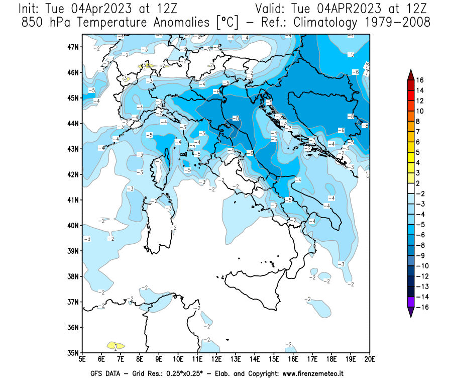 Mappa di analisi GFS - Anomalia Temperatura [°C] a 850 hPa in Italia
							del 04/04/2023 12 <!--googleoff: index-->UTC<!--googleon: index-->