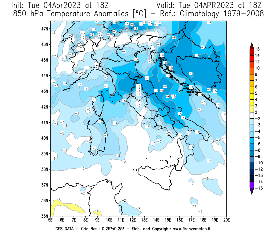 Mappa di analisi GFS - Anomalia Temperatura [°C] a 850 hPa in Italia
							del 04/04/2023 18 <!--googleoff: index-->UTC<!--googleon: index-->