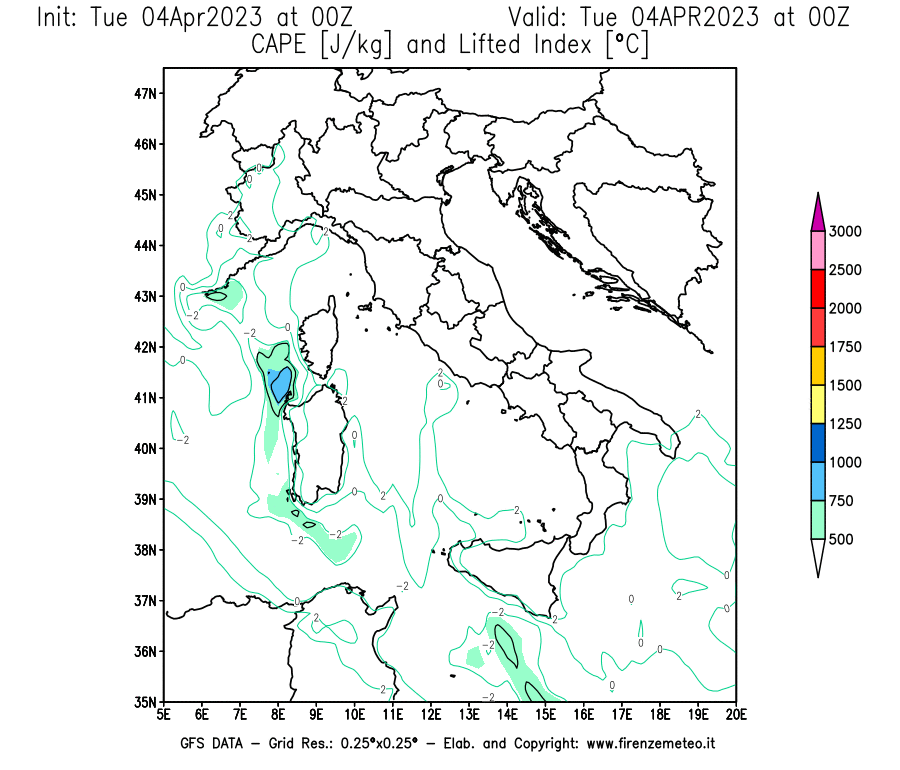 GFS analysi map - CAPE [J/kg] and Lifted Index [°C] in Italy
									on 04/04/2023 00 <!--googleoff: index-->UTC<!--googleon: index-->