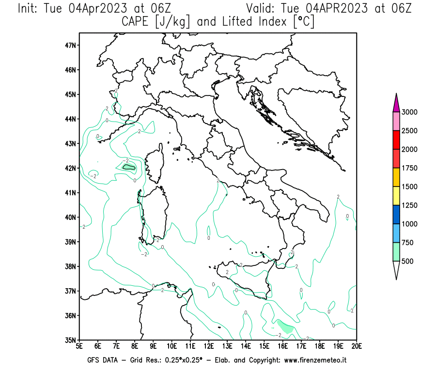 Mappa di analisi GFS - CAPE [J/kg] e Lifted Index [°C] in Italia
							del 04/04/2023 06 <!--googleoff: index-->UTC<!--googleon: index-->