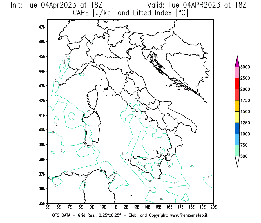 Mappa di analisi GFS - CAPE [J/kg] e Lifted Index [°C] in Italia
							del 04/04/2023 18 <!--googleoff: index-->UTC<!--googleon: index-->