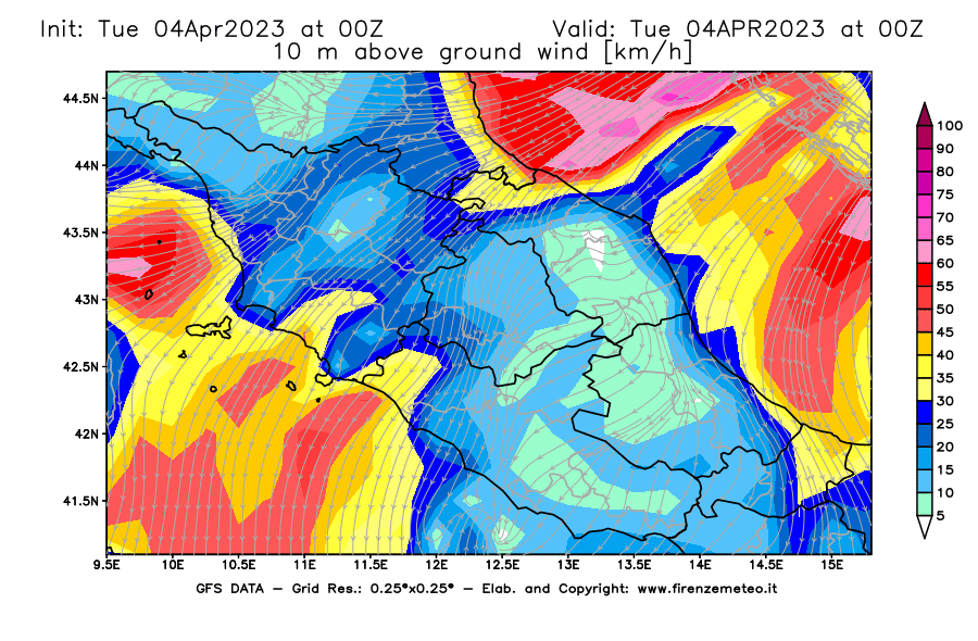 Mappa di analisi GFS - Velocità del vento a 10 metri dal suolo [km/h] in Centro-Italia
							del 04/04/2023 00 <!--googleoff: index-->UTC<!--googleon: index-->