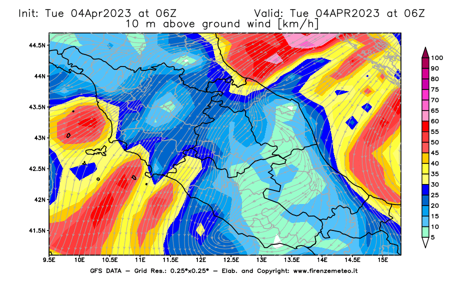 Mappa di analisi GFS - Velocità del vento a 10 metri dal suolo [km/h] in Centro-Italia
							del 04/04/2023 06 <!--googleoff: index-->UTC<!--googleon: index-->