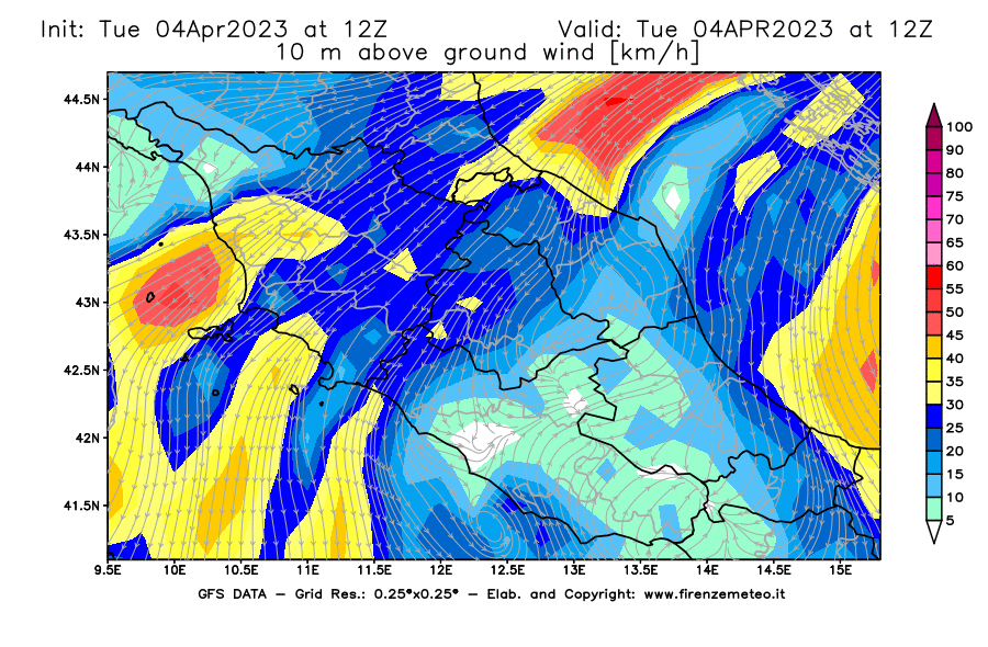 GFS analysi map - Wind Speed at 10 m above ground [km/h] in Central Italy
									on 04/04/2023 12 <!--googleoff: index-->UTC<!--googleon: index-->