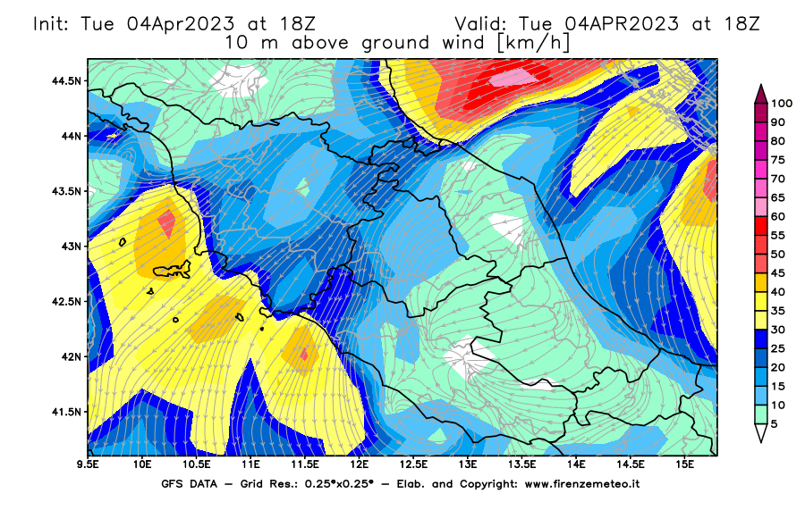GFS analysi map - Wind Speed at 10 m above ground [km/h] in Central Italy
									on 04/04/2023 18 <!--googleoff: index-->UTC<!--googleon: index-->