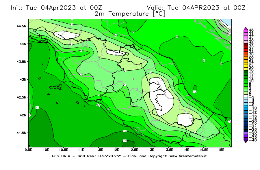 Mappa di analisi GFS - Temperatura a 2 metri dal suolo [°C] in Centro-Italia
							del 04/04/2023 00 <!--googleoff: index-->UTC<!--googleon: index-->