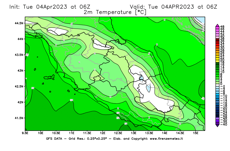 Mappa di analisi GFS - Temperatura a 2 metri dal suolo [°C] in Centro-Italia
							del 04/04/2023 06 <!--googleoff: index-->UTC<!--googleon: index-->
