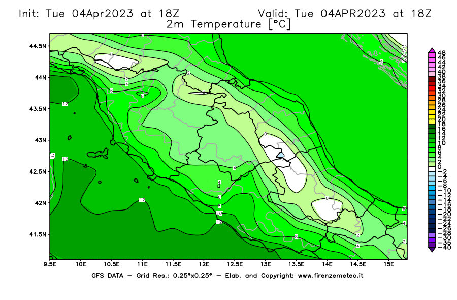 Mappa di analisi GFS - Temperatura a 2 metri dal suolo [°C] in Centro-Italia
							del 04/04/2023 18 <!--googleoff: index-->UTC<!--googleon: index-->