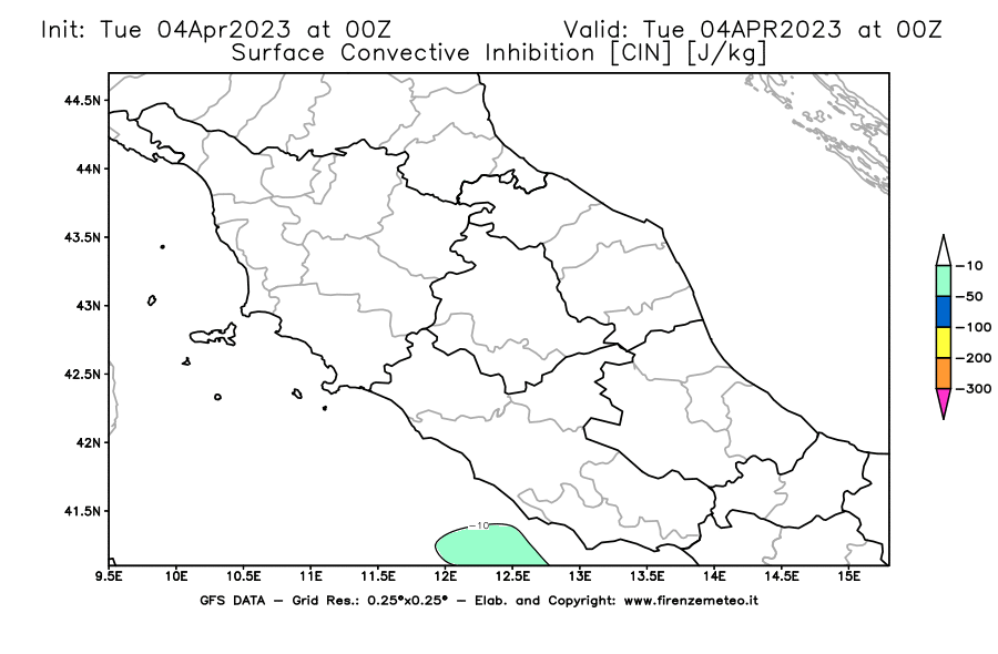Mappa di analisi GFS - CIN [J/kg] in Centro-Italia
							del 04/04/2023 00 <!--googleoff: index-->UTC<!--googleon: index-->