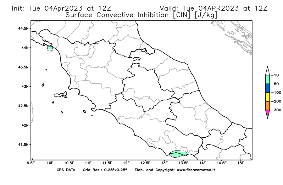 Mappa di analisi GFS - CIN [J/kg] in Centro-Italia
							del 04/04/2023 12 <!--googleoff: index-->UTC<!--googleon: index-->