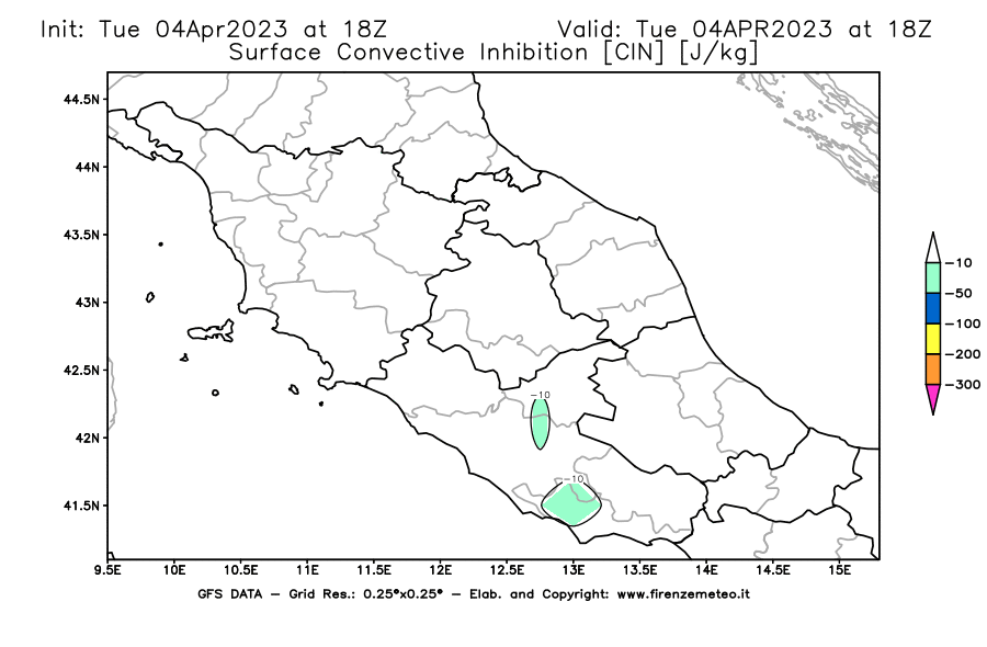GFS analysi map - CIN [J/kg] in Central Italy
									on 04/04/2023 18 <!--googleoff: index-->UTC<!--googleon: index-->