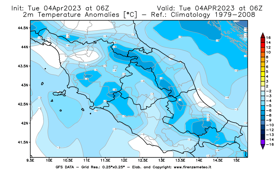 Mappa di analisi GFS - Anomalia Temperatura [°C] a 2 m in Centro-Italia
							del 04/04/2023 06 <!--googleoff: index-->UTC<!--googleon: index-->