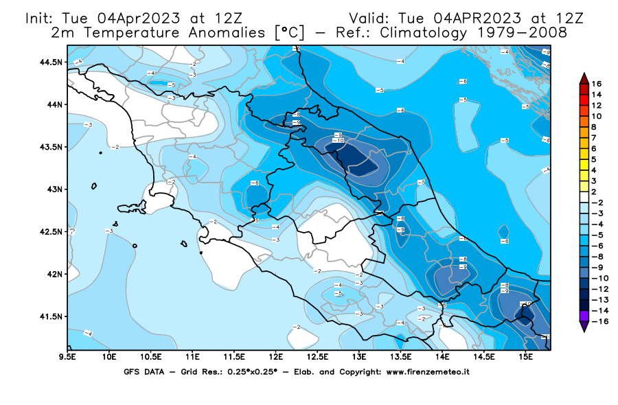 Mappa di analisi GFS - Anomalia Temperatura [°C] a 2 m in Centro-Italia
							del 04/04/2023 12 <!--googleoff: index-->UTC<!--googleon: index-->