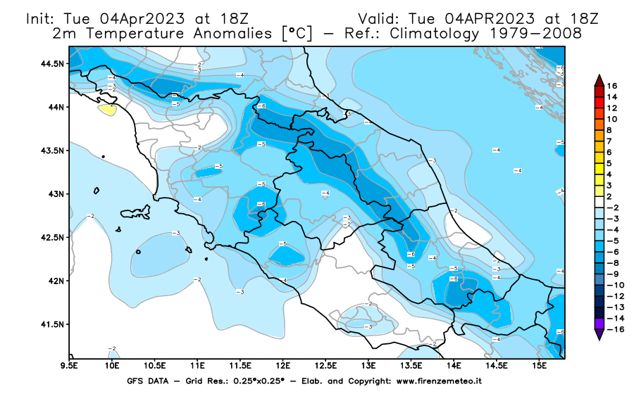 Mappa di analisi GFS - Anomalia Temperatura [°C] a 2 m in Centro-Italia
							del 04/04/2023 18 <!--googleoff: index-->UTC<!--googleon: index-->