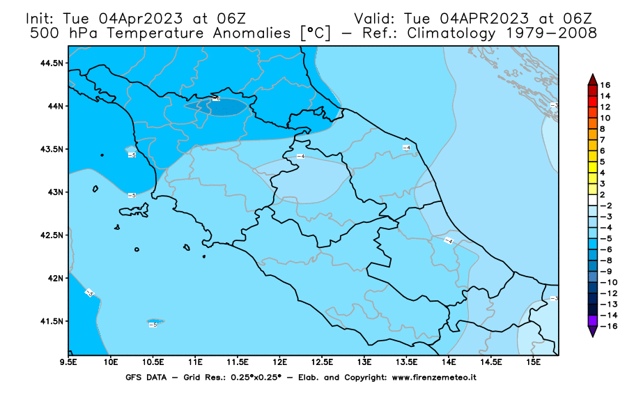 Mappa di analisi GFS - Anomalia Temperatura [°C] a 500 hPa in Centro-Italia
							del 04/04/2023 06 <!--googleoff: index-->UTC<!--googleon: index-->