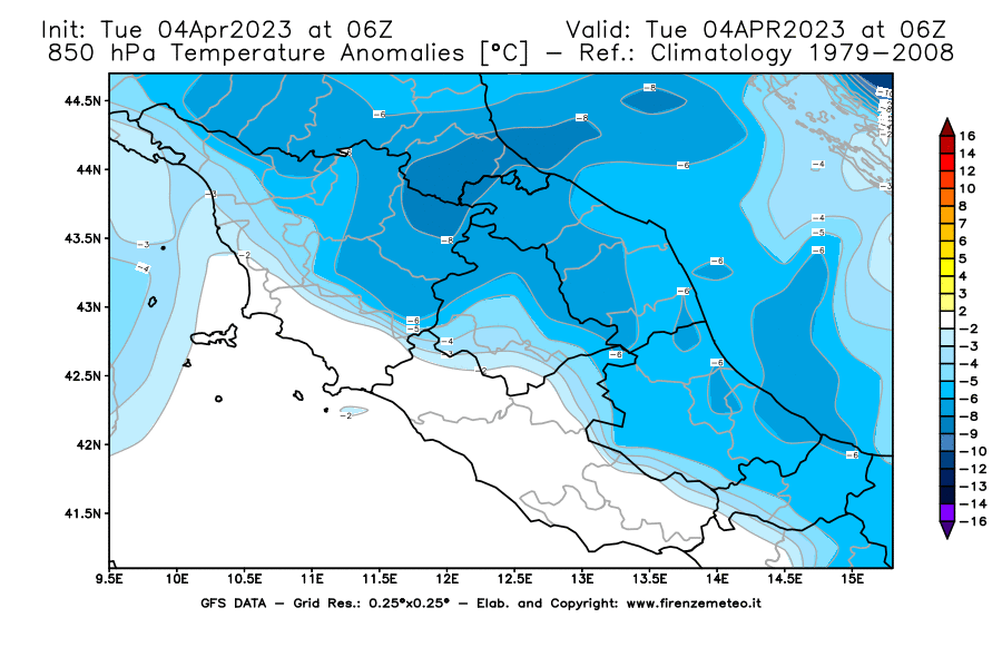 Mappa di analisi GFS - Anomalia Temperatura [°C] a 850 hPa in Centro-Italia
							del 04/04/2023 06 <!--googleoff: index-->UTC<!--googleon: index-->