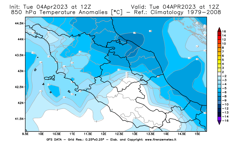 Mappa di analisi GFS - Anomalia Temperatura [°C] a 850 hPa in Centro-Italia
							del 04/04/2023 12 <!--googleoff: index-->UTC<!--googleon: index-->