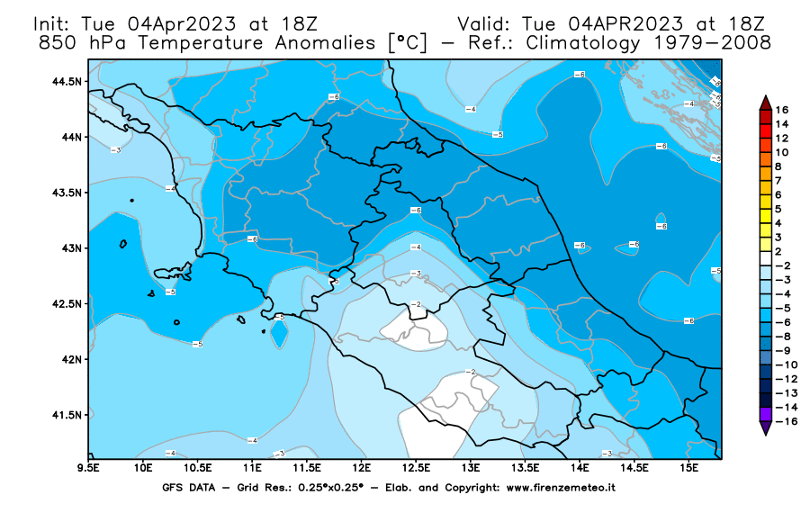 Mappa di analisi GFS - Anomalia Temperatura [°C] a 850 hPa in Centro-Italia
							del 04/04/2023 18 <!--googleoff: index-->UTC<!--googleon: index-->